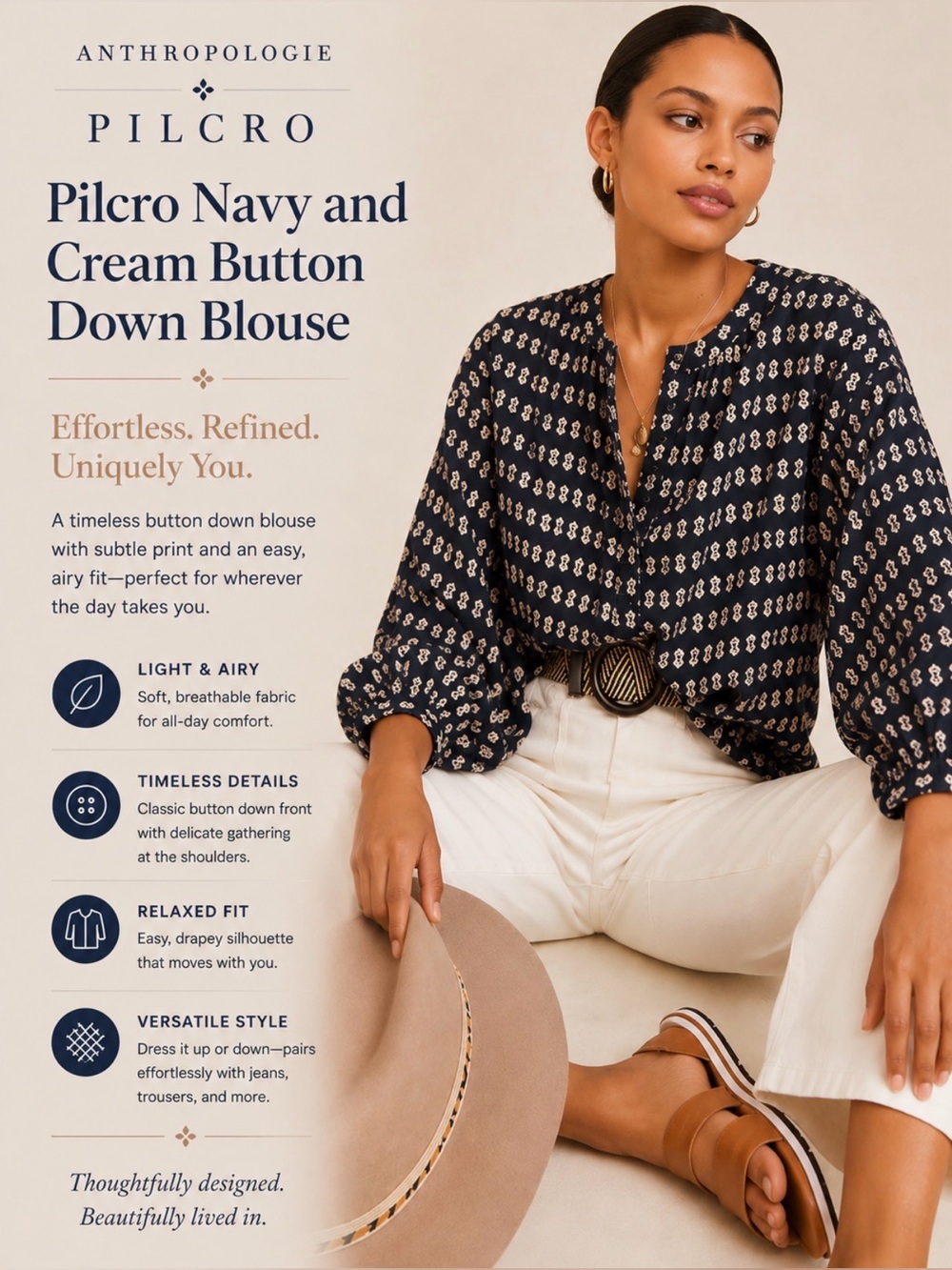 Anthropologie Pilcro Navy and cream button down Blouse